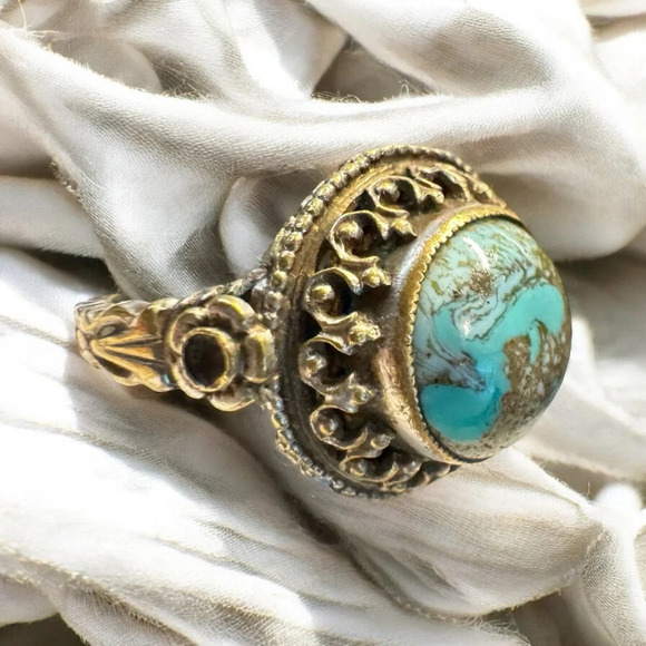 Antique Jewelry - Antique Austro-Hungarian Turquoise Cannetille Gilt Ring (6)